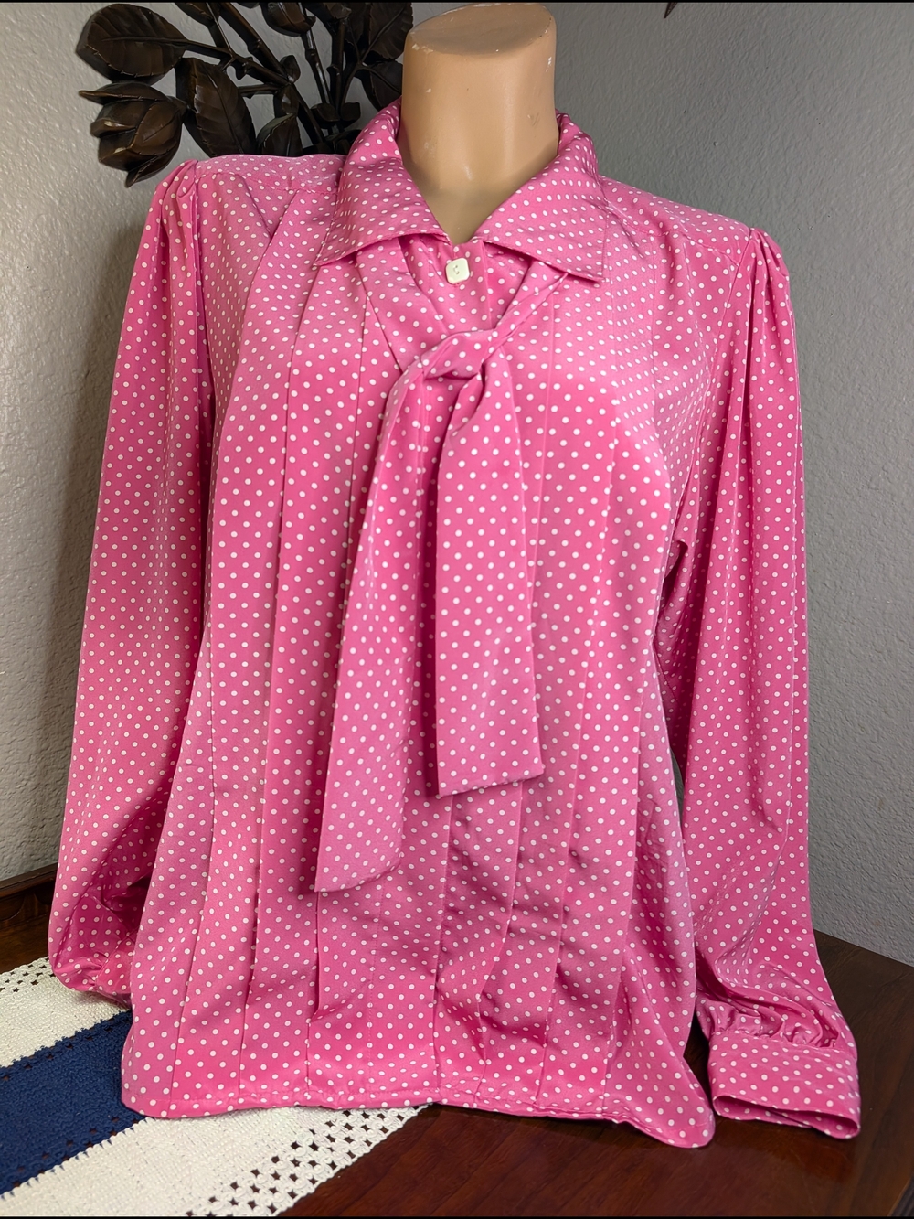 Vintage 1990s Chaus Pink Polka Dot Tie-Neck Pleated Long Sleeve Blouse